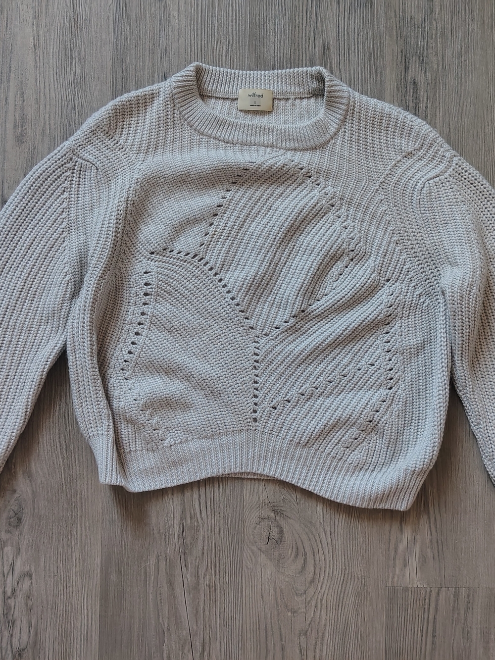 Aritzia Wilfred Serment Wool Crop Sweater Grey Open Knit Leaf Womens Size Small